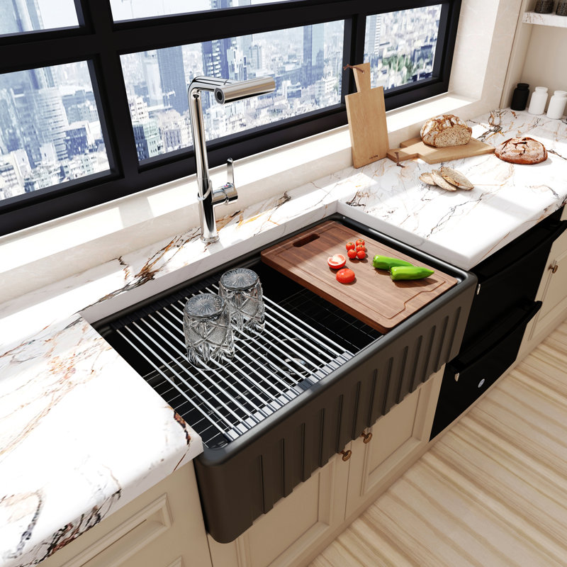 Évier de cuisine de ferme noir 33 po x 20 po MEJE, cuve simple Cearmic, couleur noir mat