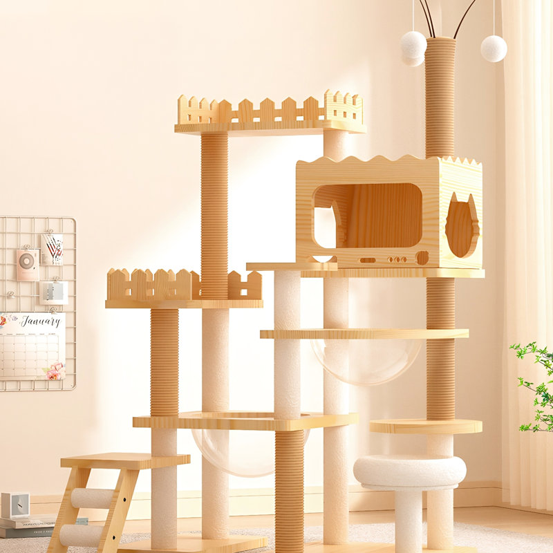 Tour pour chat d'intérieur de 66,9 po, arbre en bois avec poteaux couverts, perchoir supérieur et acrylique, idéal pour les situations multiples, matériaux de chats de 66,9 po, perchoirs à griffer, environnements de conception spacieux,