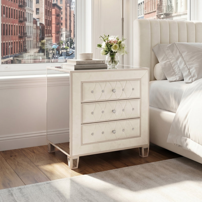 Mitra - Mirrored & Velvet Nightstand with Diamond Crystal Knobs, Fully Assembled., Cream