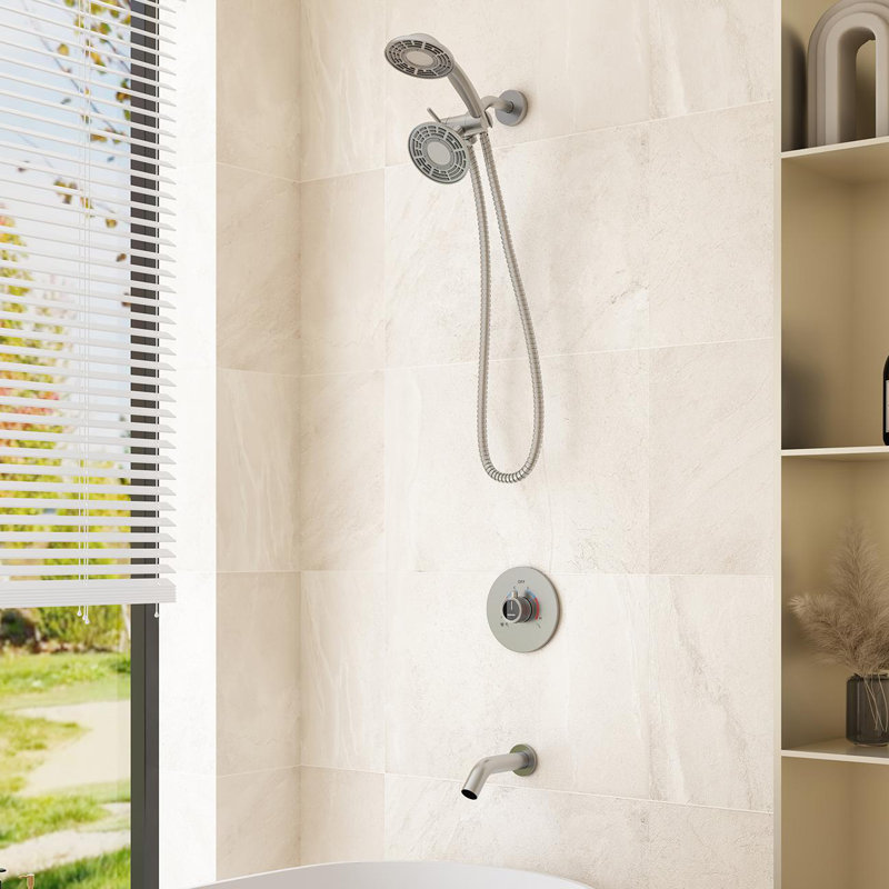 3-Function Dual Shower Head and Handheld Shower with Bathtub Spout and Rough in-valve, Brushed Nickel