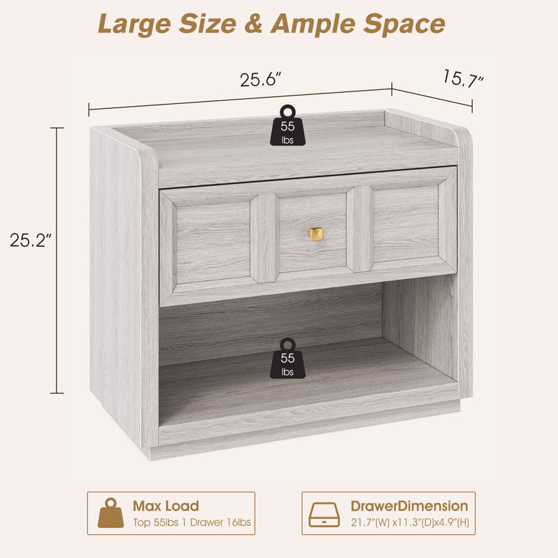 Nightstands with Drawer Storage, 26"/31" Wide Large Night Stand Farmhouse Bed Side Table with Round Corners for Bedroom, Grey White Oak
