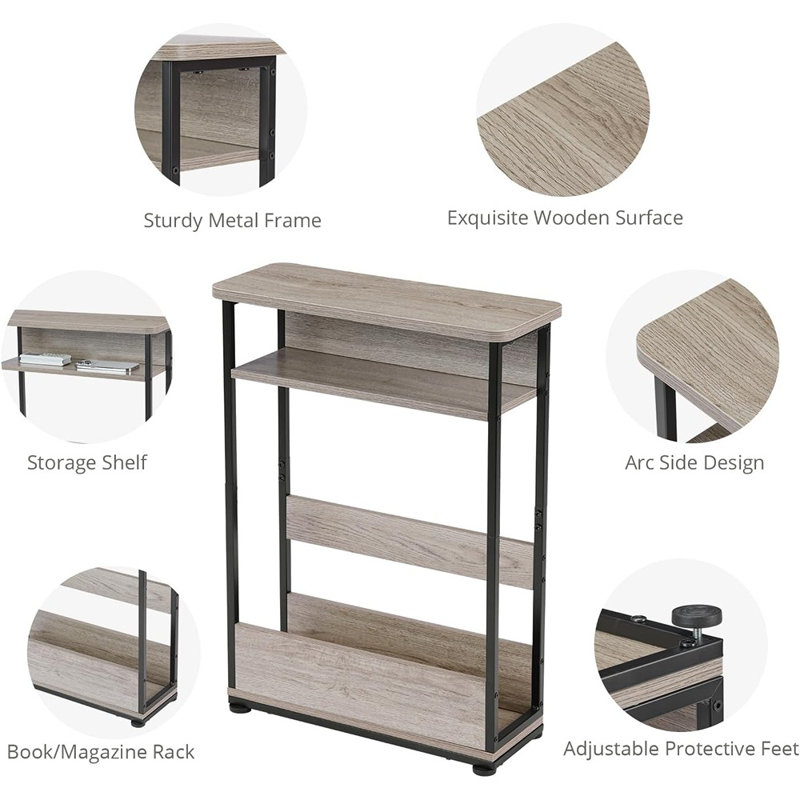 Side Table,3-Tier Slim End Table With Storage Shelf,Modern Sofa Table Thin Side Table For Narrow And Small Spaces, Skinny Bedside Table Small Nightstand With Magazine Rack Space Saving/Oak