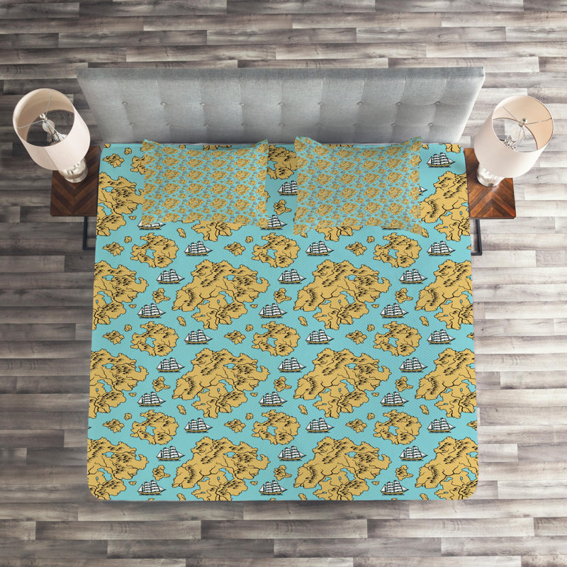 Farmhouse / Country Polyester Floral Coverlet, King Bedspread + 2 Shams, Blue/Yellow