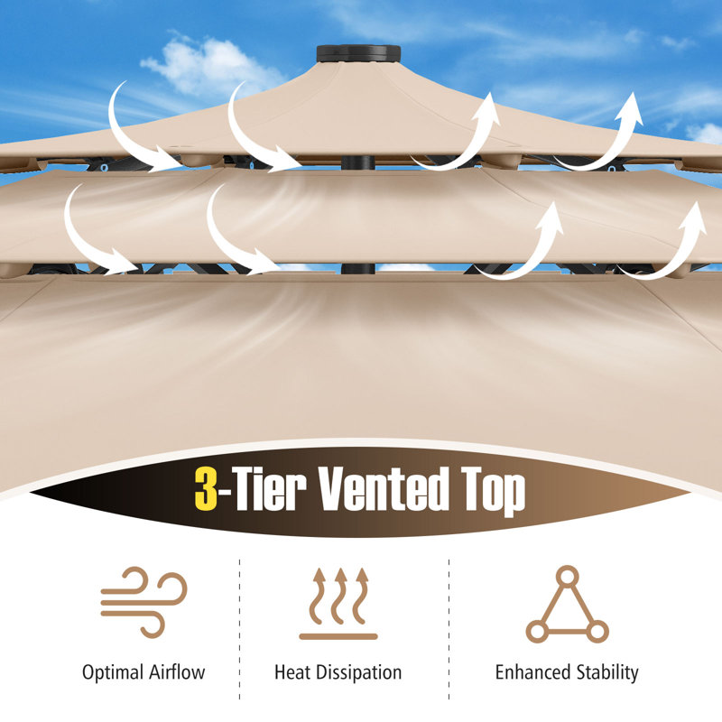 Parasol de patio solaire 10 pi avec 32 lumières DEL à 3 niveaux d'ajustement de l'inclinaison du dessus ventilé beige, Beige