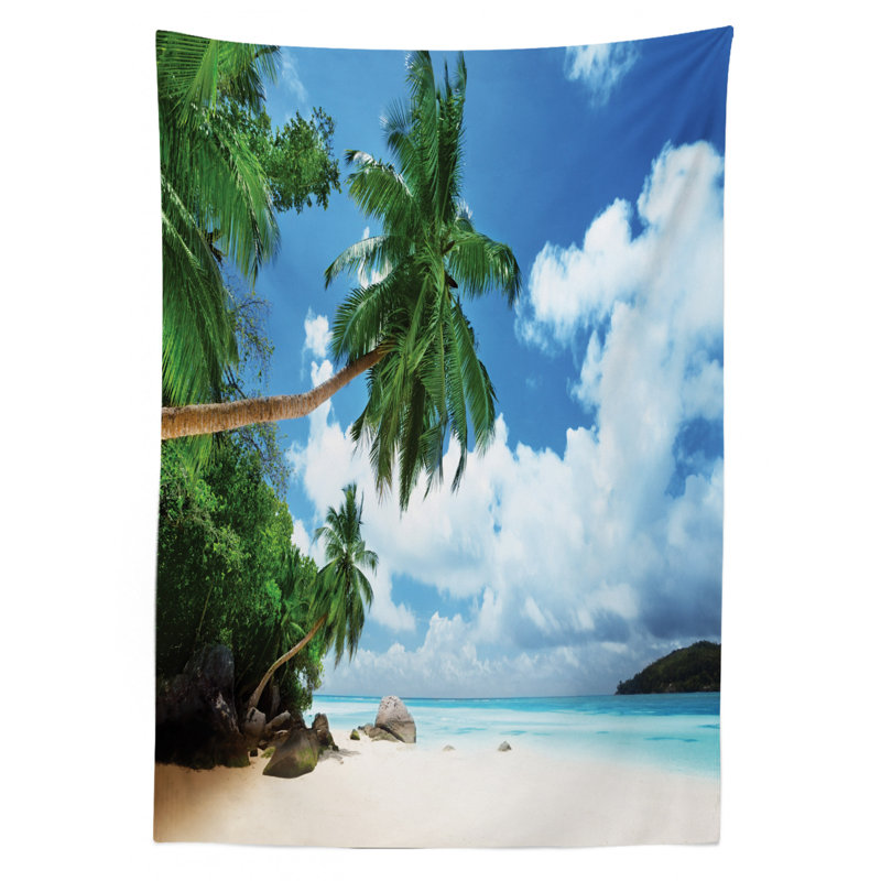 Ambesonne Ocean Tablecloth, Beach And Coconut Tree Mahe Island In Seychelles Tranquil Coastal Image Print, Rectangular Table Cover For Dining Room Kitchen Decor, 52" X 70", Green Blue Aqua
