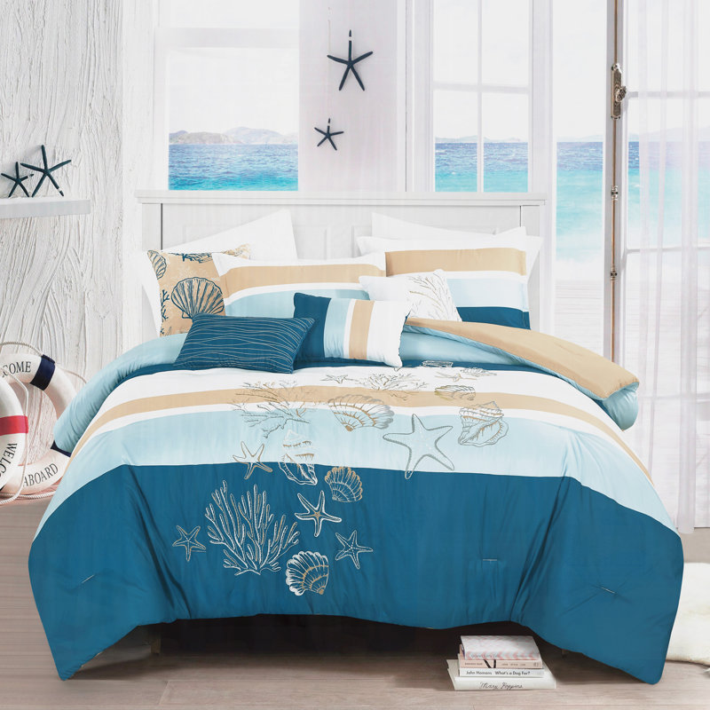 Ensemble d'édredon matelassé nautique 6 pièces avec taies décoratives et coussins décoratifs