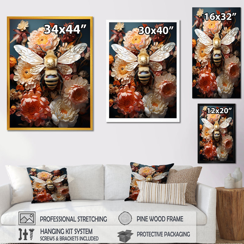 Art floral rétro avec guêpe harmonie II - insectes et insectes, H 40 po x l 30 po x P 1,5 po, Cadre doré simple