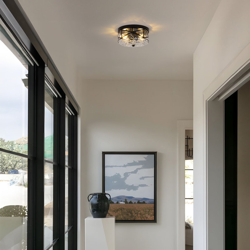 Alixandra 2-Light Flush Mount Glass Ceiling Light with Metal Frame, Matte Black, 10" L x 10" W x 5" H