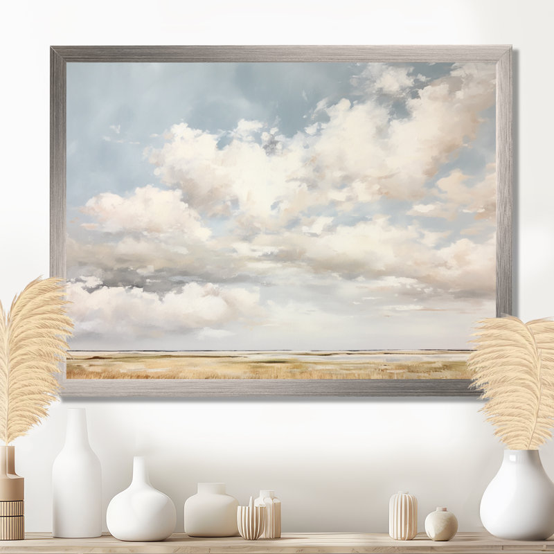 Nuage blanc paysage minimaliste - décoration murale nuages, H 30 po x l 40 po x P 1,5 po, Cadre argenté