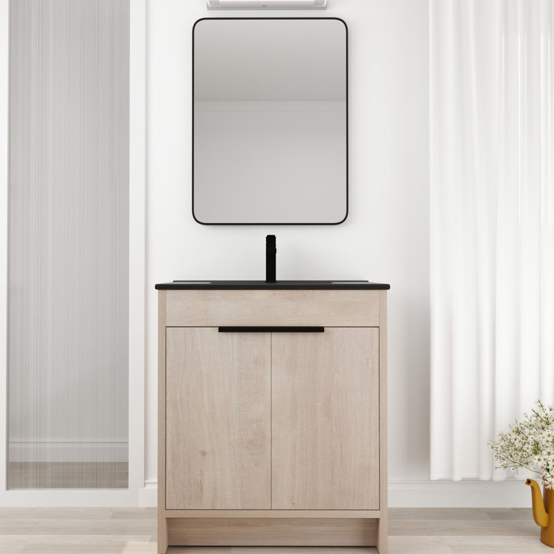 Meuble-lavabo de salle de bain 30 po autoportant avec céramique noire. 2 portes d'armoire à fermeture en douceur. Contreplaqué moderne. Évier de comptoir réglable en céramique.