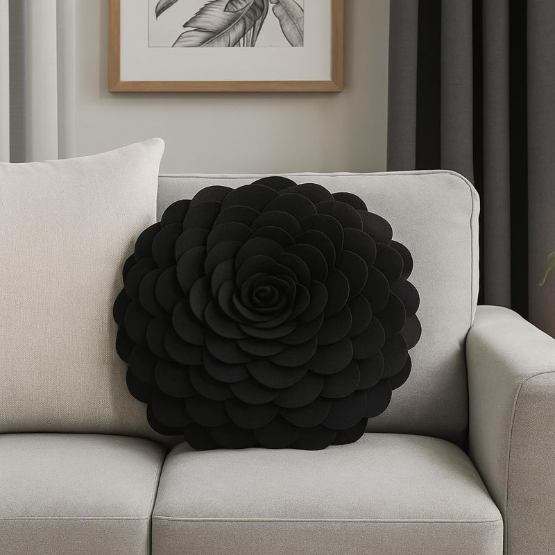  Polyester Throw Flower Pillow Cover, 16" x 16", Polyester/Polyfill, Black