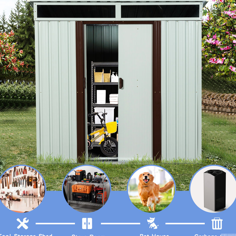 6Ft X 5Ft White Outdoor Metal Storage Shed - Galvanized Iron Frame Sturdiness Steel Panels Transparent Endurance Plate For Better Lighting Sliding Doors With Lock Simple Diy Assembly Construction To