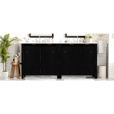 Meuble-lavabo 72 po avec lavabos doubles en céramique - Finition rétro, charnières silencieuses à fermeture en douceur, couleur évier de rangement spacieux, bois massif, spacieux
