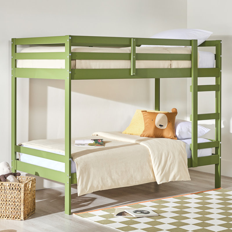 Lit superposé simple au-dessus d'un lit simple en bois massif moderne, Vert olive