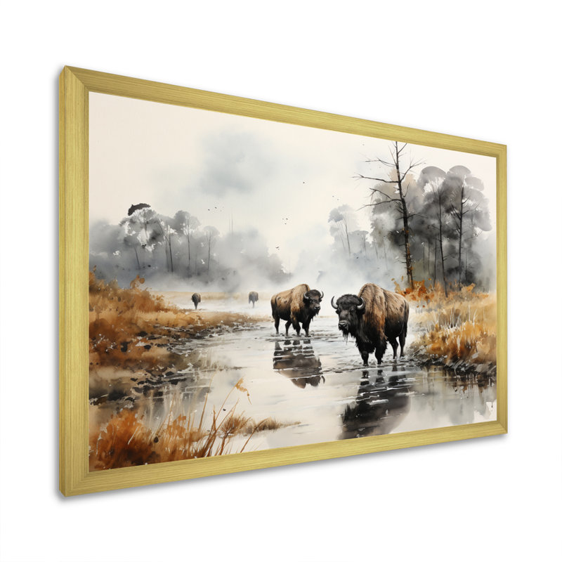 «Gray Buffalo Misty Morning Grazing II», reproductions sur toile d'animaux, H 30 po x l 40 po x P 1,5 po