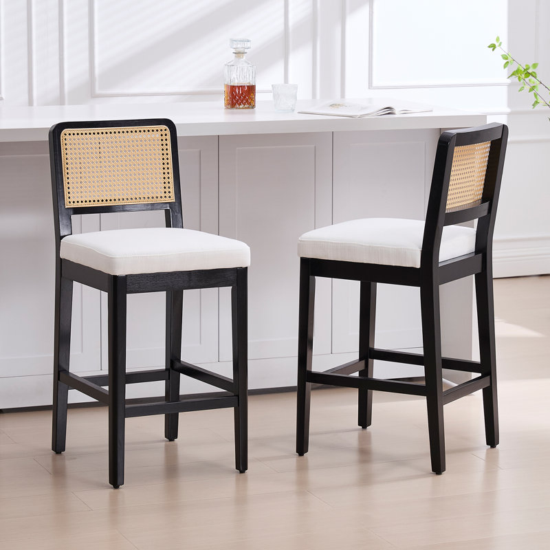 Upholstered Counter Stool with Solid Wood Frame, Black, Beige Linen