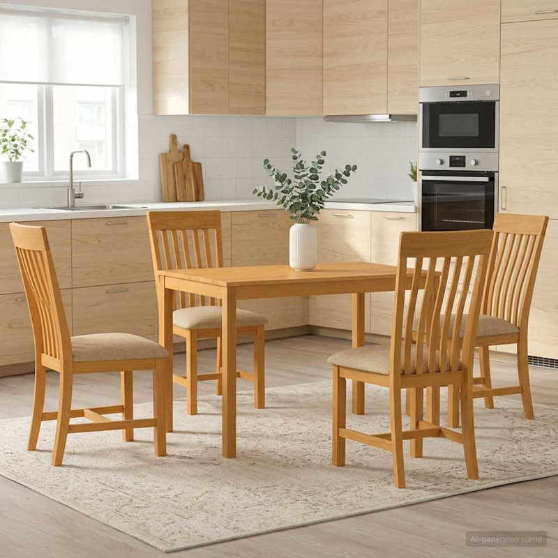 4 -Person Oak Solid Wood Dining Set, Beige, Beige, Beige, Beige