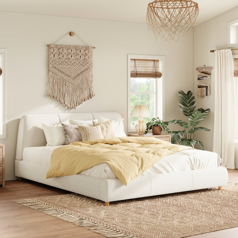 Queen Size Upholstered Bed With White Linen Fabric, Solid Wood Legs, Thick Foam For Exceptional Support, Sleek Embedded Design, 12 Hardwood Slats, Easy 40 - Minute Assembly Relaxing Sleep Modern