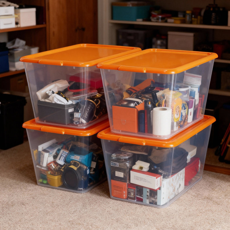  Sac de rangement transparent 14,5 gallons avec couvercle orange, ensemble de 4 bacs de rangement empilables en plastique pour l'organisation à la maison