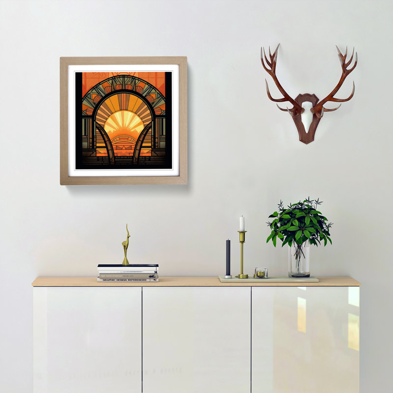 Sunrise Art Deco No.4 - Single Picture Frame Print on Wood, Oak