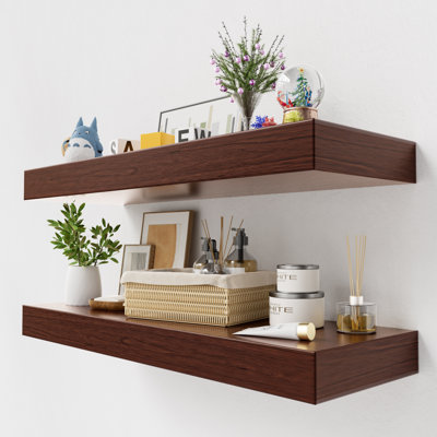 2 Piece Floating Wall Shelf, 8" Deep Wood Wall Mounted Shelf for Bathroom, Bedroom & Living Room