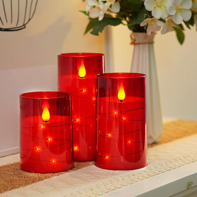 Red Flameless Candles 3 Set, Flickering Battery Operated Candles Embedded Fairy String Light, Realistic Pillar Candle With Remote Control And Timer, Acrylic, D3 X H4 5" 6"
