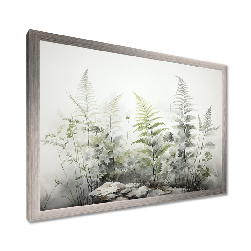Ferns Silver Whispers I - fougères, art mural encadré, H 16 po x l 32 po x P 1 po, Cadre simple argenté