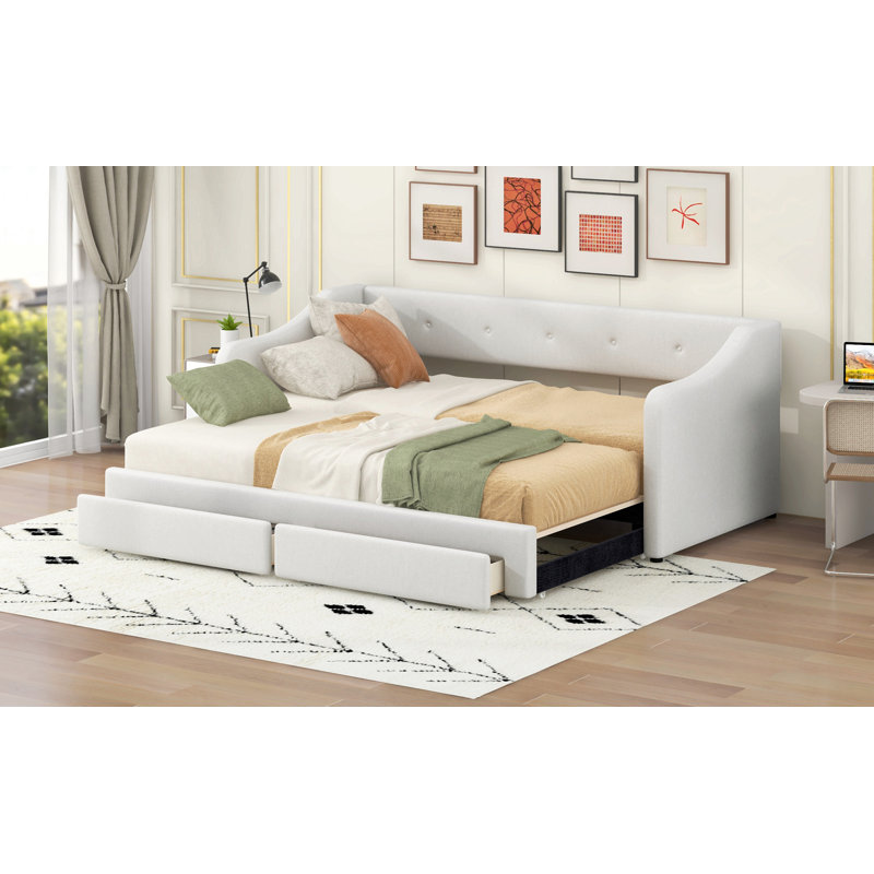 Lit de jour simple tapissier très grand avec deux tiroirs, Beige