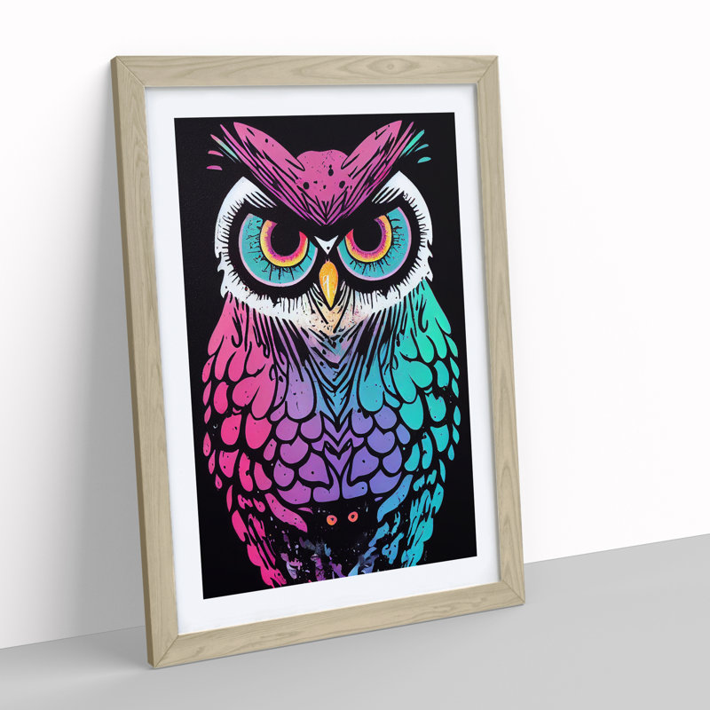 Neon Owl - Single Picture Frame Print, 64cm H x 46cm W x 2cm D, Oak