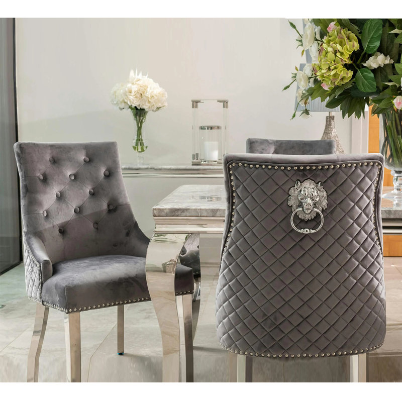 Devleta Velvet Dining Chairs, Tufted Mid-Century Modern Dinning Chairs w/Metal Legs for Kitchen Dining Room, Gray