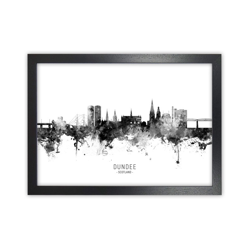 Dundee Scotland Skyline Black White City Name by Michael Tompsett - Print, 46cm H x 63cm W x 3cm D, Black Framed