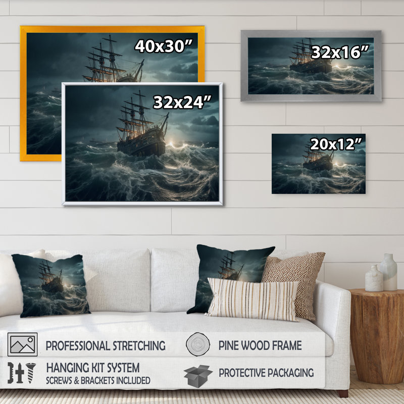 Ship In The Middle Of A Storm I Framed On Canvas Print, 34" H x 44" W x 1.5" D, Black Floater Framed