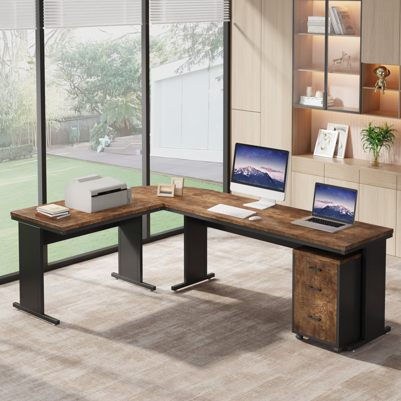 83" Reversible L-Shaped Desk With Rolling File Cabinet & Drawers - Large Executive Corner Desk, Home Office Workstation