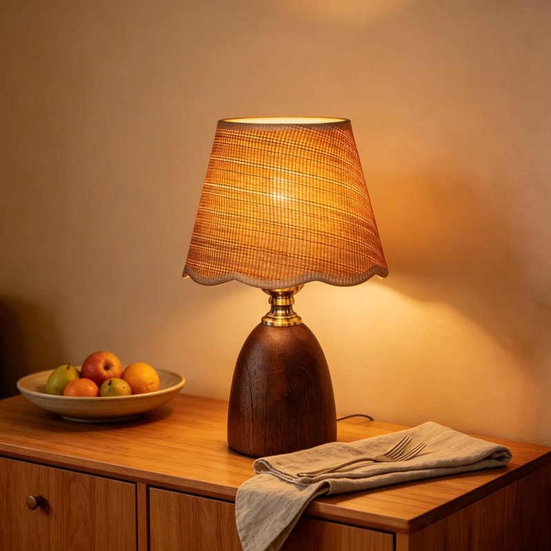 Lampe de table en noyer massif avec abat-jour tissé à intensité variable - Lampe de chevet moderne de style Mid-Century pour table de chevet ou salon, avec ampoule DEL E26