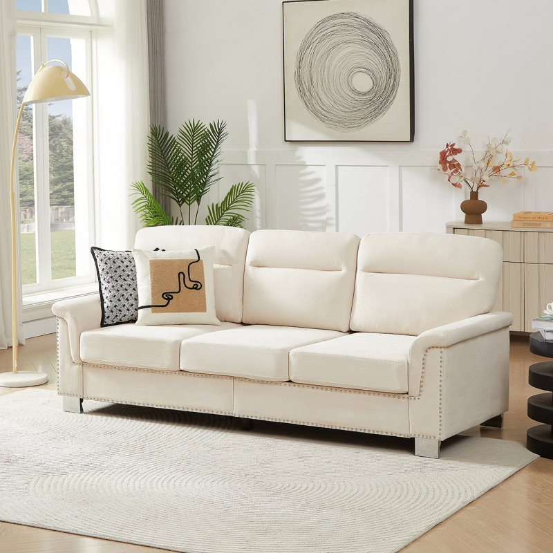82-Inch Modern 3-Seater Sofa With Compressed Snowfleece Fabric For Living Room, Bedroom, And Office Use., Beige