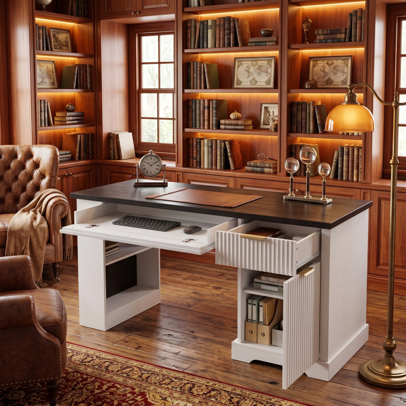 Bureau cannelé moderne 55 "avec prise de courant et armoire de rangement, blanc, Blanc