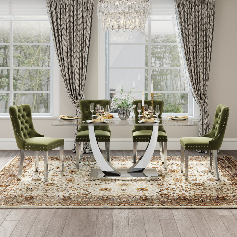Ensemble de salle à manger rectangulaire l 35,4 po Kelisia, H 30 po x L 63 po x l 35,4 po, Vert olive, Argent