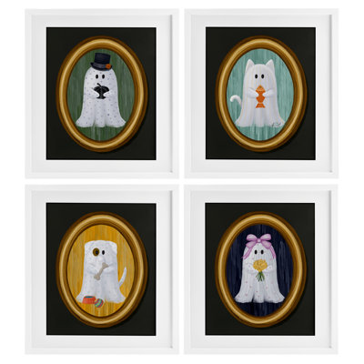 Halloween Ghosts & Pets 4pc Framed Print Under Glass Set, design by Jennifer Stith