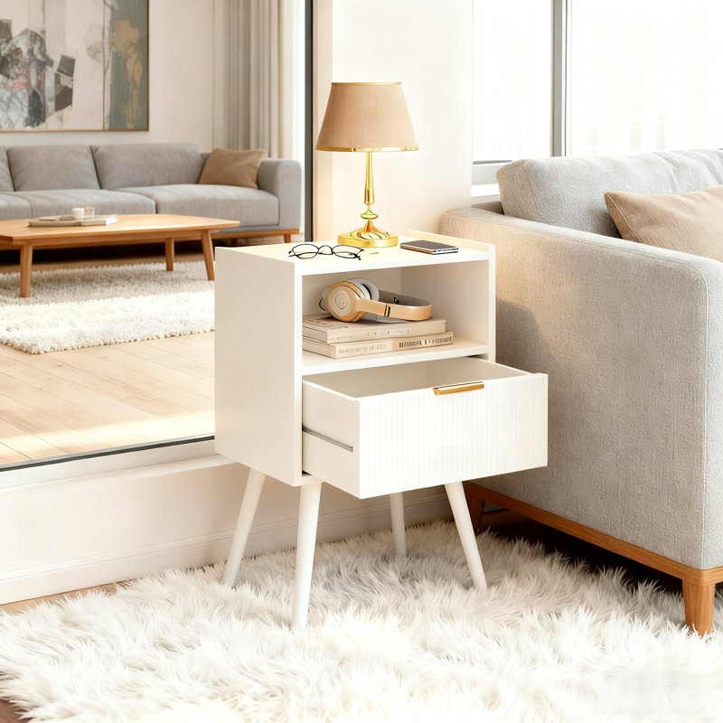 25.5 H Modern End Table, White Nightstand With Storage Drawer And Open Wood Shelf
