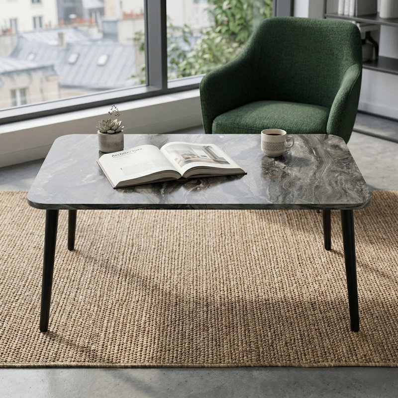 Modern Marble Style Rectangular Coffee Table with Solid Hornbeam Wood Legs