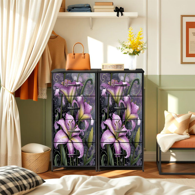 Commode pour chambre à coucher avec 4 tiroirs de rangement Elegance Dewy Lilies Subtle Leopard