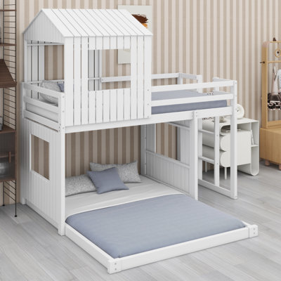 Lit superposé en bois, lit mezzanine avec maisonnette, maison de campagne, échelle et garde-corps