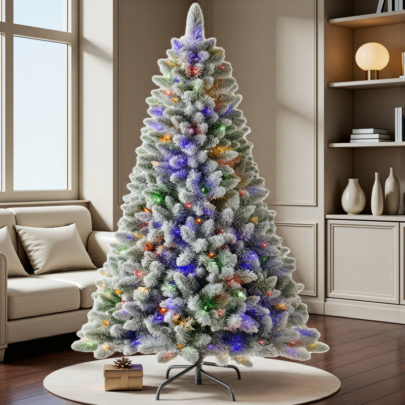 Arbre de Noël artificiel enneigé 6 pi avec 6 lumières à DEL changeantes blanc chaud et couleur 6 pi 6 pi, Multicolore