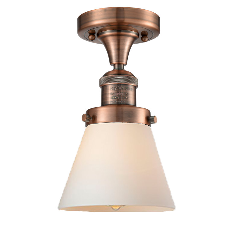 Plafonnier semi-encastré 1 lumière Cone, Boîtier blanc mat, Ampoule à DEL rétro de 6 watts, Cuivre antique