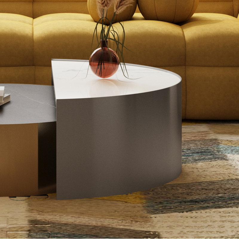 Round Nesting Coffee Table - Modern Minimalist Design with Metal Frame & Sintered Stone Top for Living Room, Small Spaces