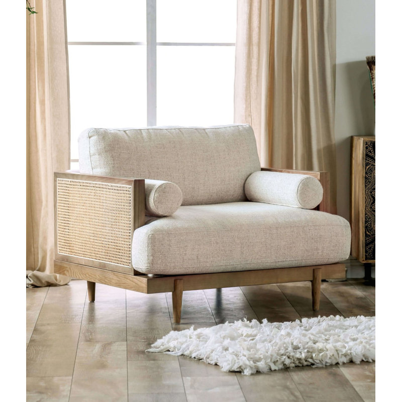 Salon de style Mid-Century moderne 1pc avec traversin de côté et pieds fuselés en bois avec dossier réversible beige et chêne clair