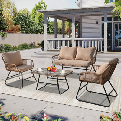 4-Piece Wicker Patio Conversation Set with Cushions - Outdoor Seating for 4
