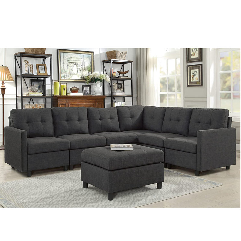 Modular Sofa & Chaise with Ottoman, Dark Gray Linen