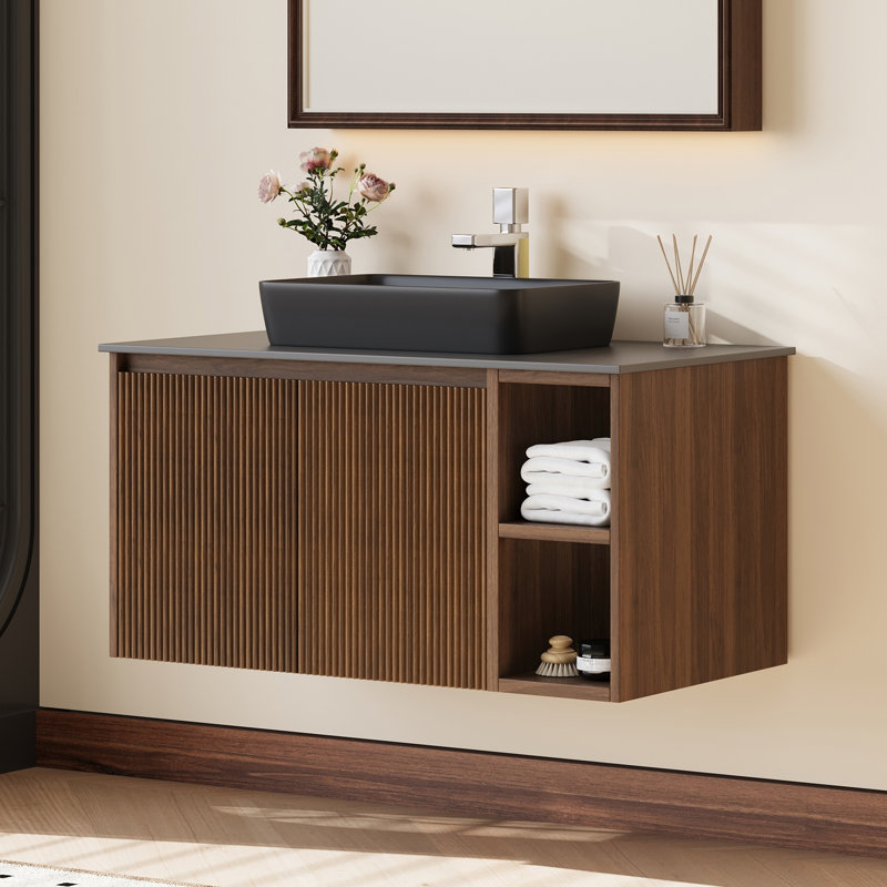 Meuble-lavabo flottant simple 30 po avec lavabo, meuble-lavabo mural avec vasque en pierre frittée noire, vasque en céramique, tablettes ouvertes et armoire