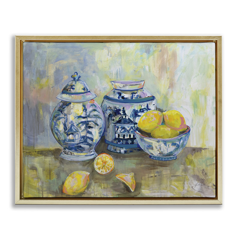 Citrons et poterie, peinture classique encadrée dorée sur toile flottante par Jeanette Vertentes, H 21 po x l 17 po